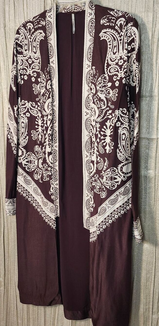 Free People Bandana Printed Satin Kimono Midi Duster White Brown Boho Western XS